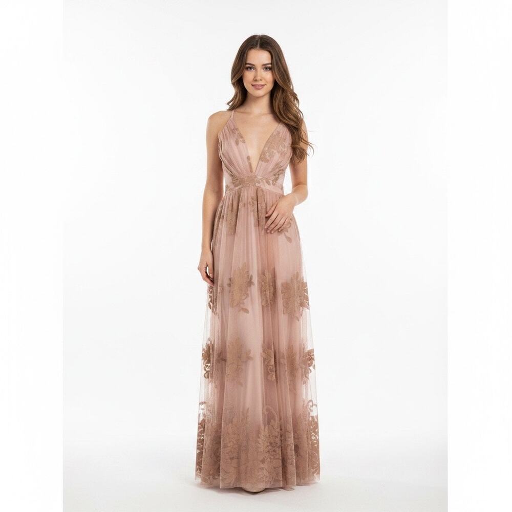 Luxxel Taupe Floral Mesh Maxi Dress Burnout Velvet Formal Gown Small Wedding